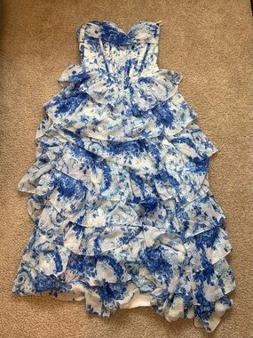 Blue & White Floral Ruffle Prom Dress